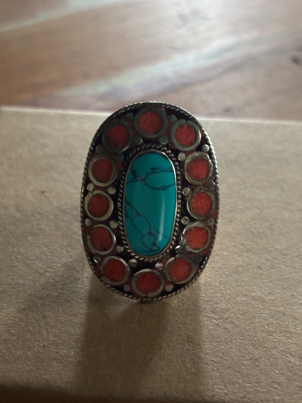 Tibetan Silver Turquoise and Coral Oval Statement Ring Size 10